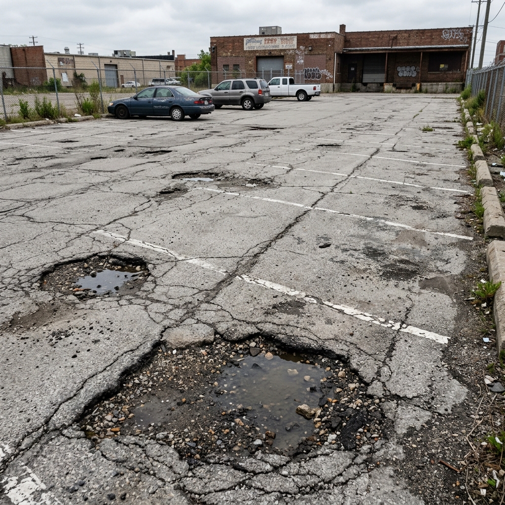 Damaged asphalt in Pompano Beach before repair